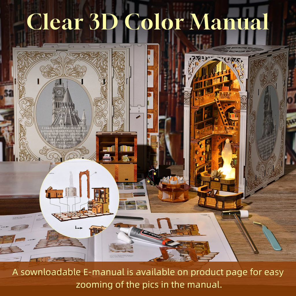 Minicity Public Library Miniature Book Nook Kit Diy Miniature House Craft Kit 3d Wood Puzzles for Adults