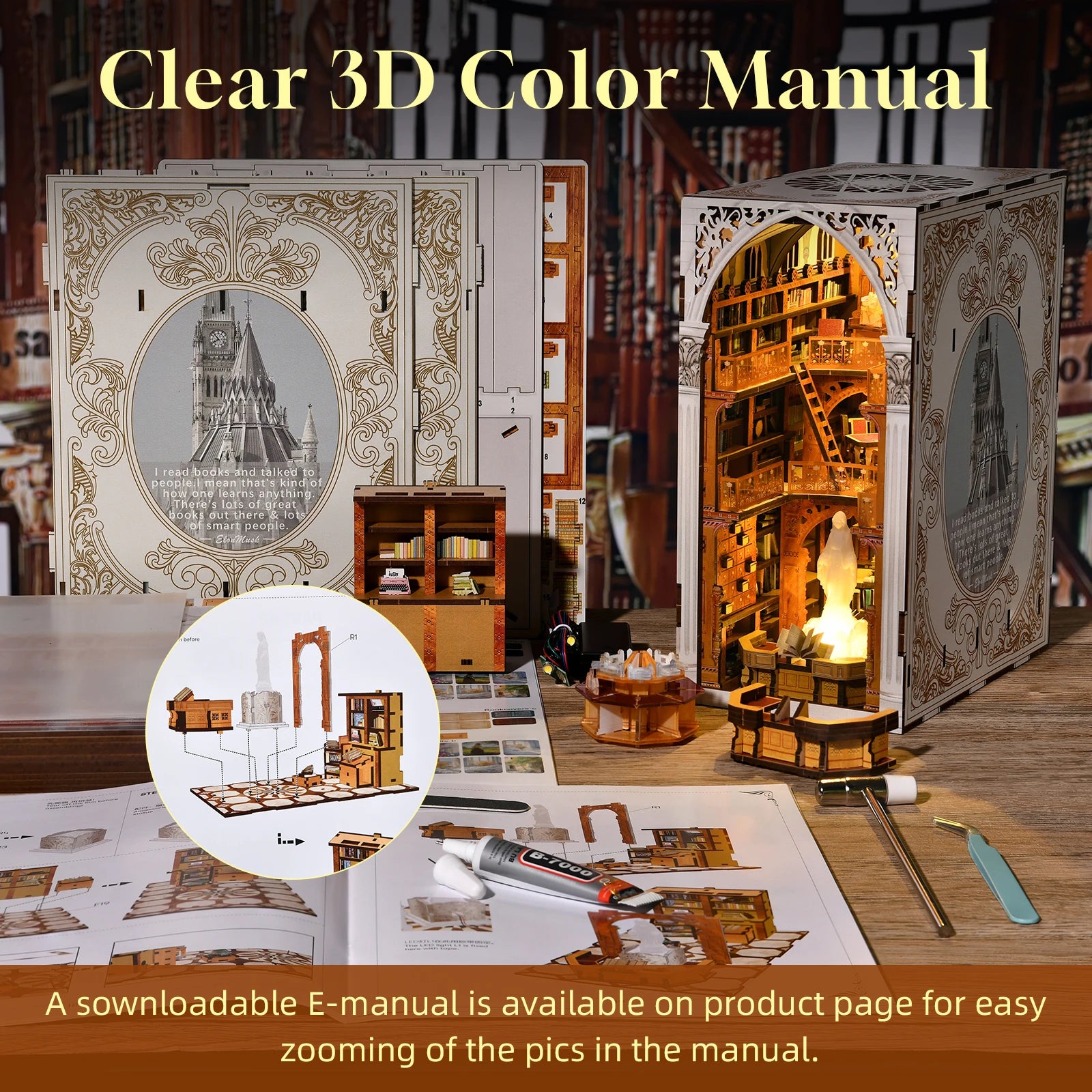 Minicity Public Library Miniature Book Nook Kit Diy Miniature House Craft Kit 3d Wood Puzzles for Adults