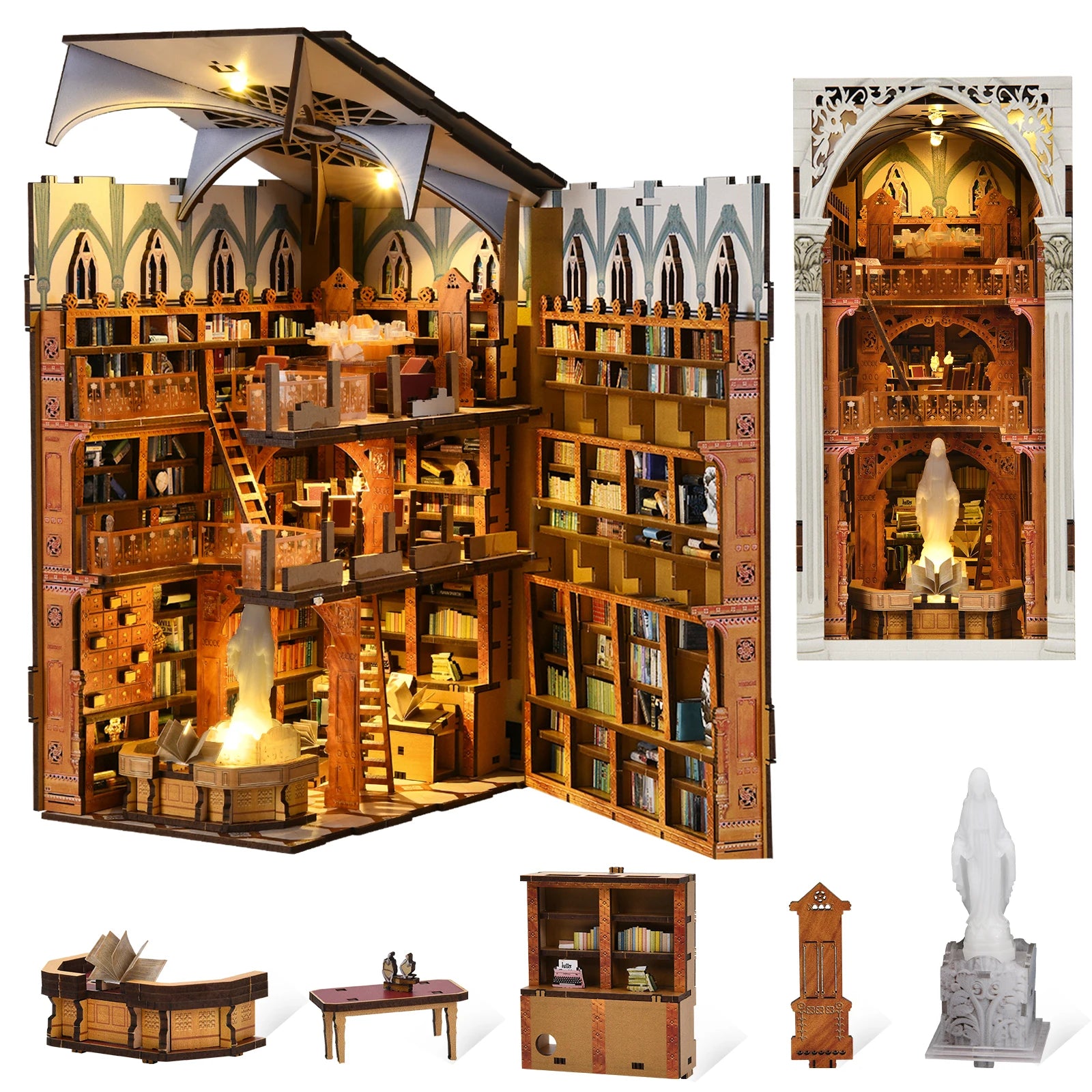 Minicity New Style Wooden Book Nook Public Library 3D Wooden Puzzle Dollhouse Miniature Diy Craft Kit Book Nook Kit