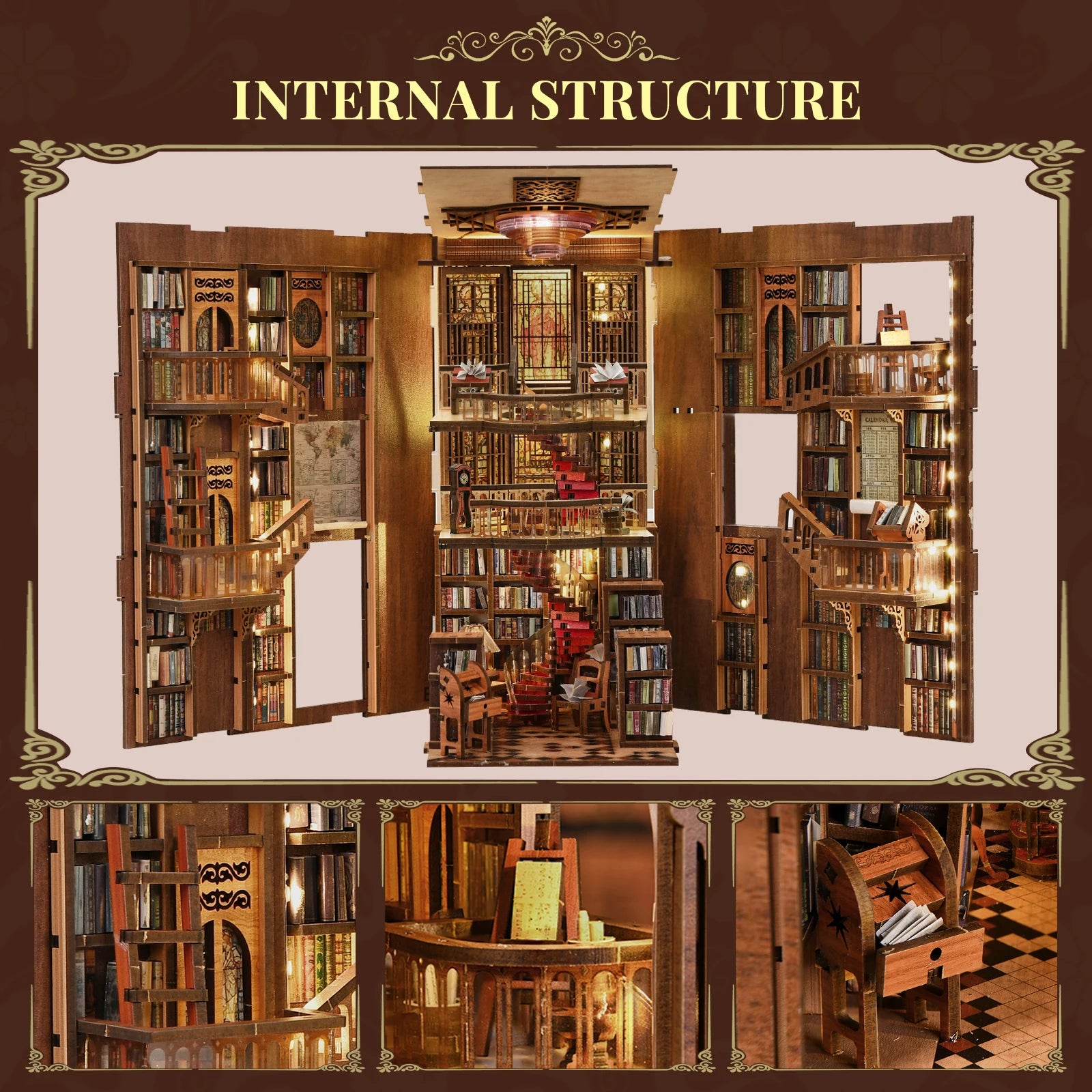Minicity Hot Sale Book Nook 3D Wooden Puzzle Miniature House Kit Book Nook Diy Craft Kit Abbey Library Diy Book Nook Kit