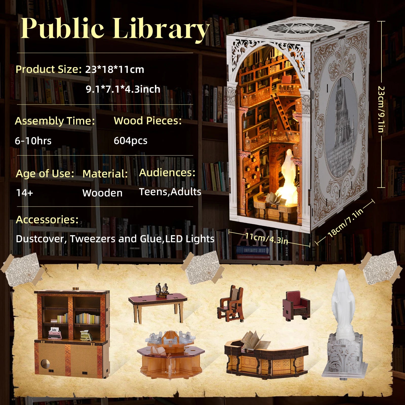 Minicity New Style Wooden Book Nook Public Library 3D Wooden Puzzle Dollhouse Miniature Diy Craft Kit Book Nook Kit