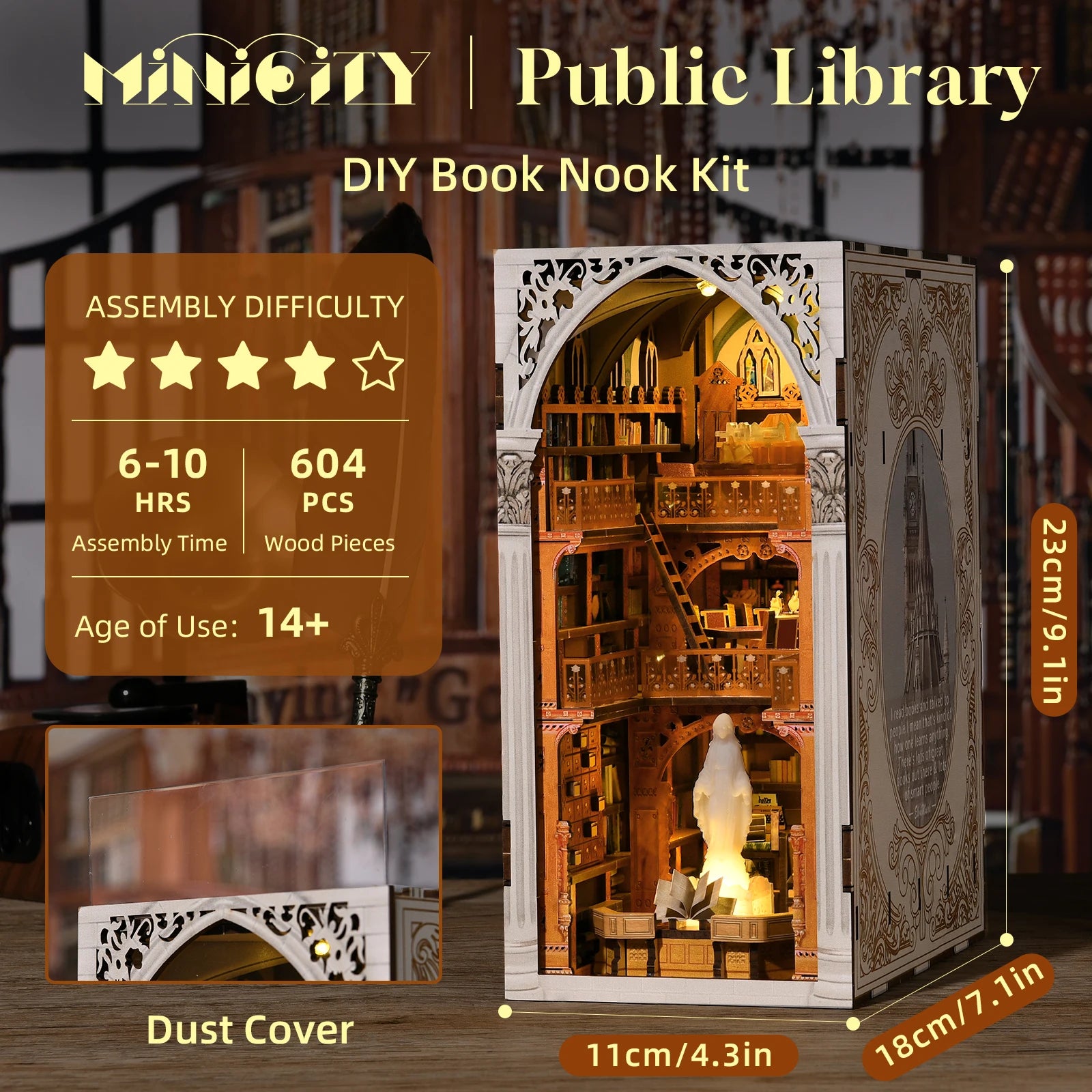 Minicity Public Library Miniature Book Nook Kit Diy Miniature House Craft Kit 3d Wood Puzzles for Adults