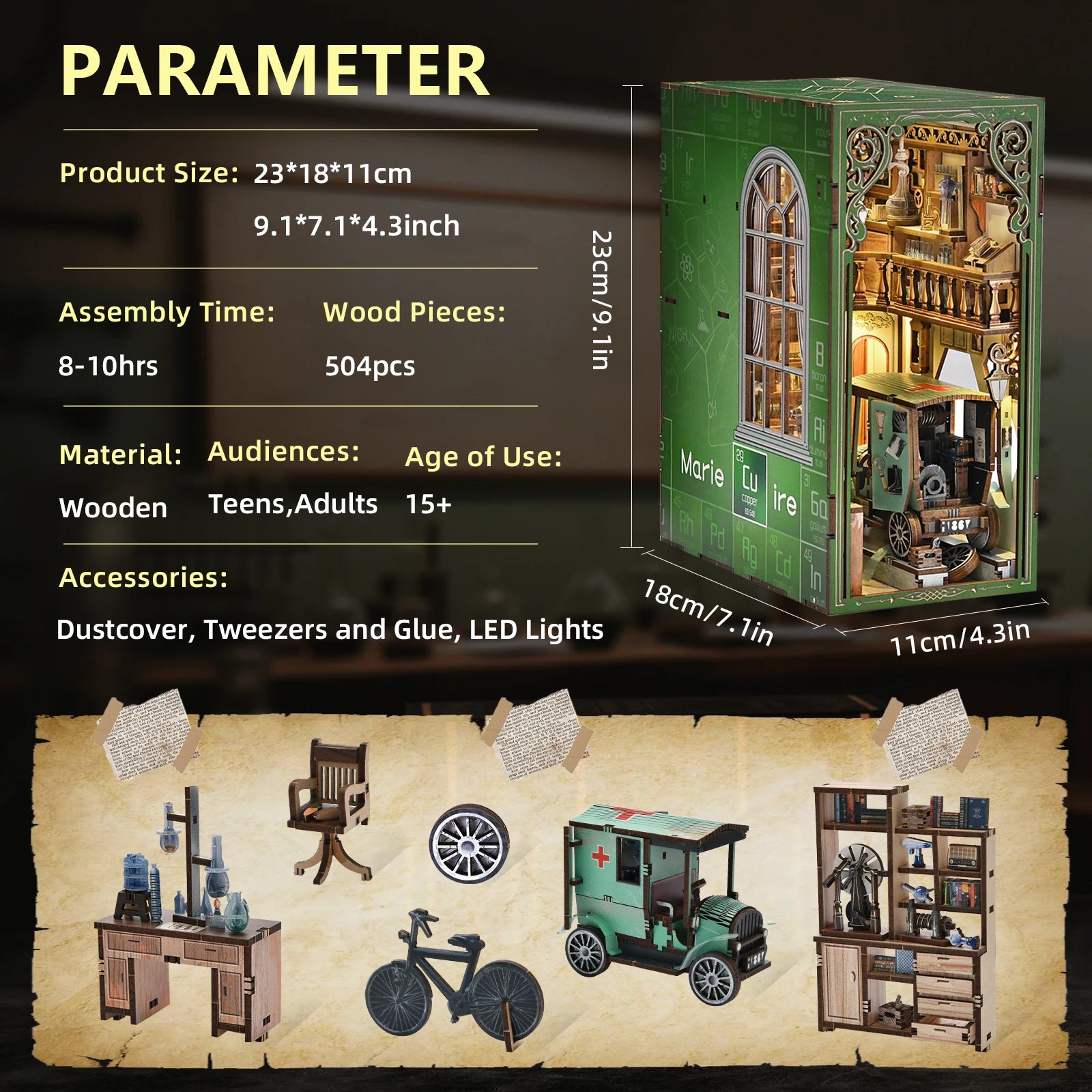 Minicity Book Nook Kit - 3D Wooden Puzzles for Adults, DIY Scene Miniature Kit (The Radium Lady)