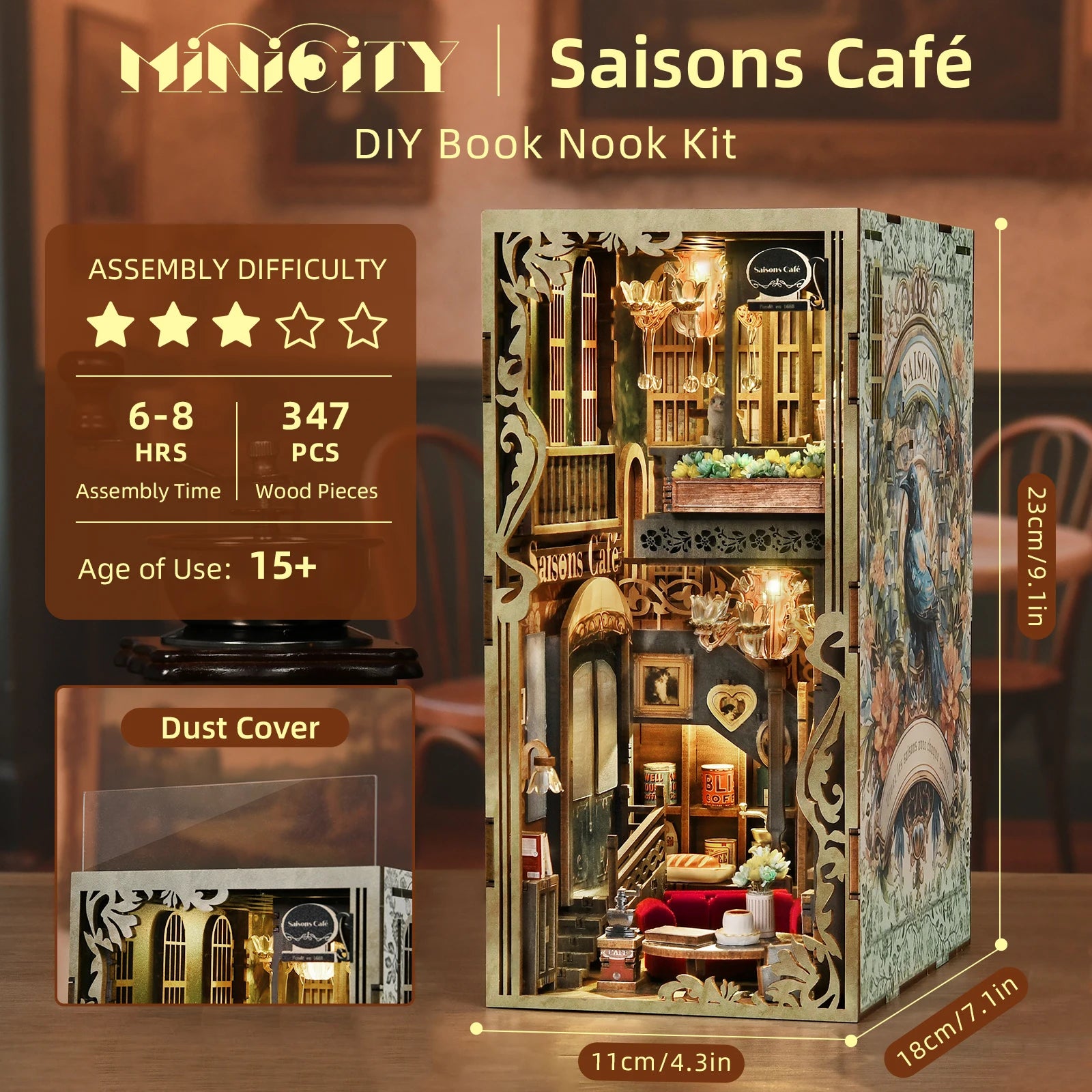 Minicity Book Nook Kit - DIY Miniature House Coffee Shop Dollhouse Kit for Adults and Teens