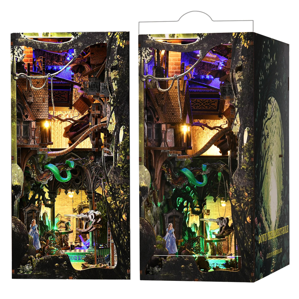 Minicity Book Nook 3D Wooden Book Nook Kit Diy Book Nook 3D Puzzles for Adults-Alice Down the Rabbit Hole