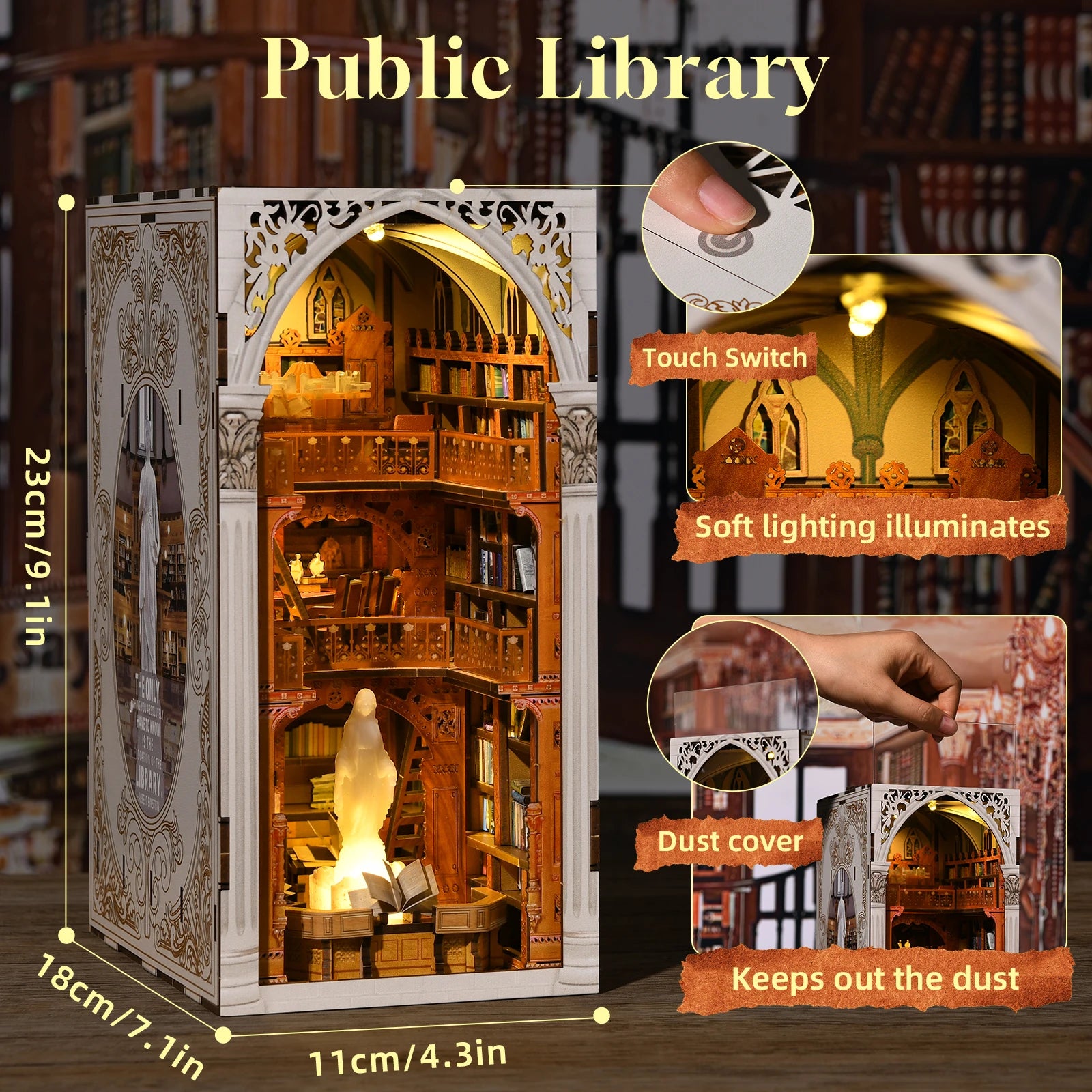 Minicity New Style Wooden Book Nook Public Library 3D Wooden Puzzle Dollhouse Miniature Diy Craft Kit Book Nook Kit