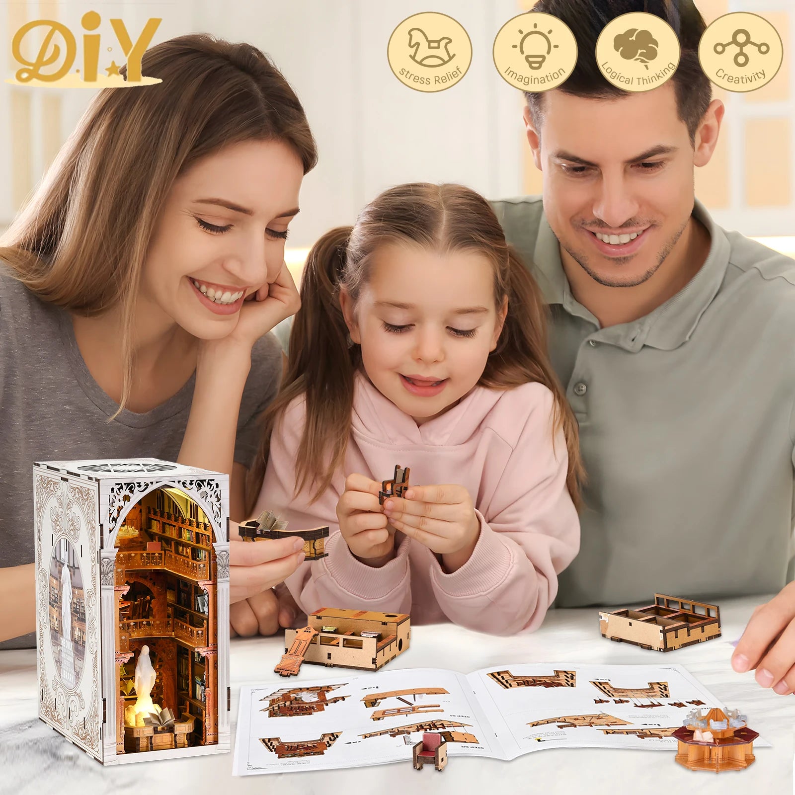Minicity New Style Wooden Book Nook Public Library 3D Wooden Puzzle Dollhouse Miniature Diy Craft Kit Book Nook Kit