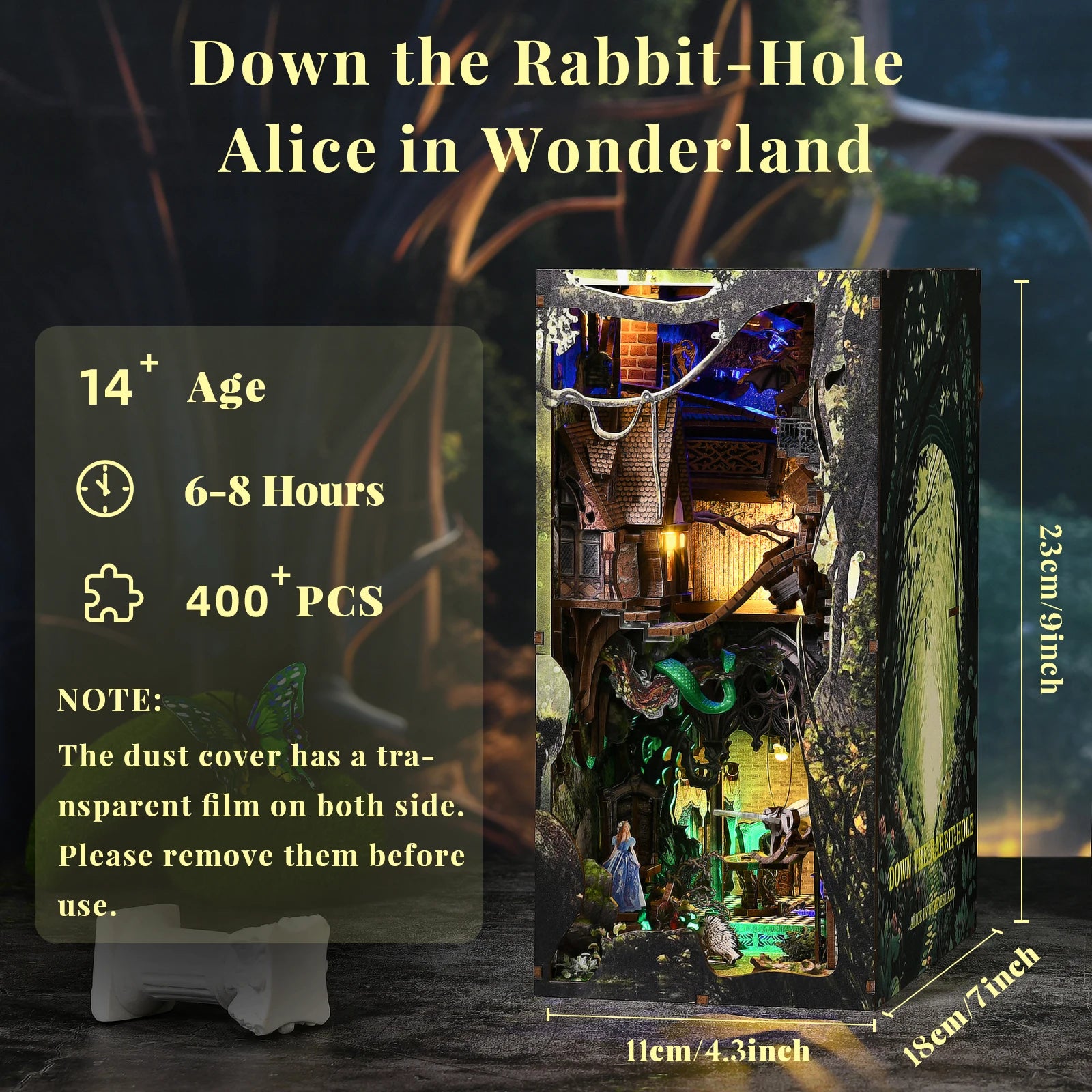 Minicity Book Nook 3D Wooden Book Nook Kit Diy Book Nook 3D Puzzles for Adults-Alice Down the Rabbit Hole