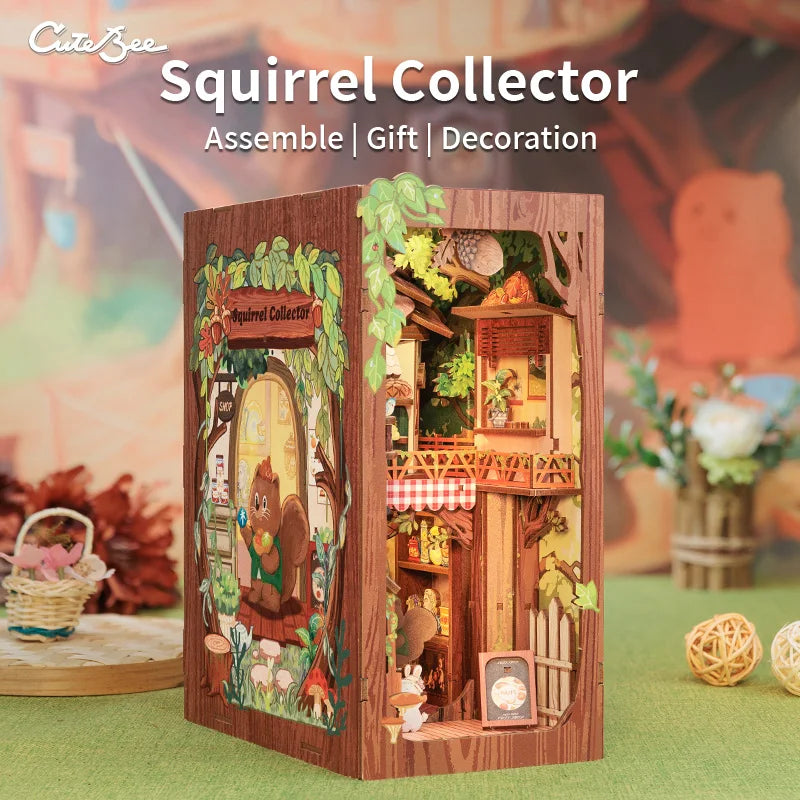 CUTEBEE Bookstore Book Nook DIY Miniature Wooden Dollhouse with Light Bookshelf Insert Kit Puzzle Assembly Model for Decor Gift