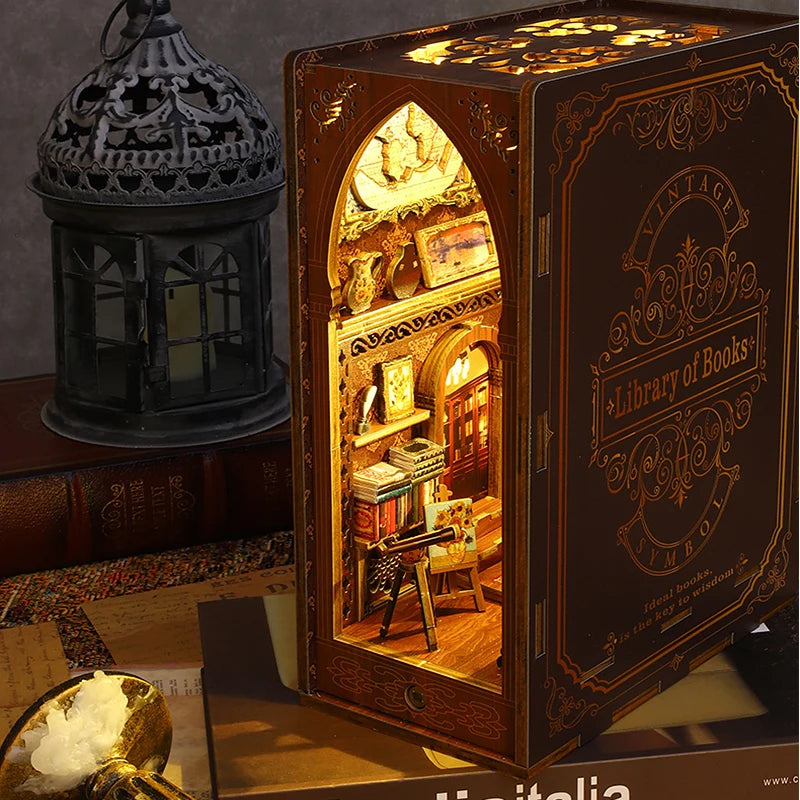 DIY Book Nook Kit Miniature Doll House With LED Light 3D Puzzle Model Building Wooden Bookshelf Bookend Toy Adults Birthday Gift
