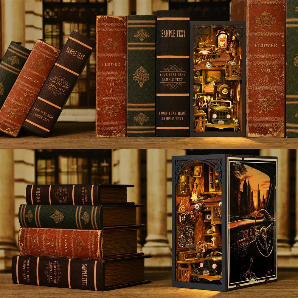 Book Nook Kit Classic Car F1 DIY Wooden Puzzle Bookshelf Insert Decor Dollhouse Model Bookend Building Home Decoration Gifts
