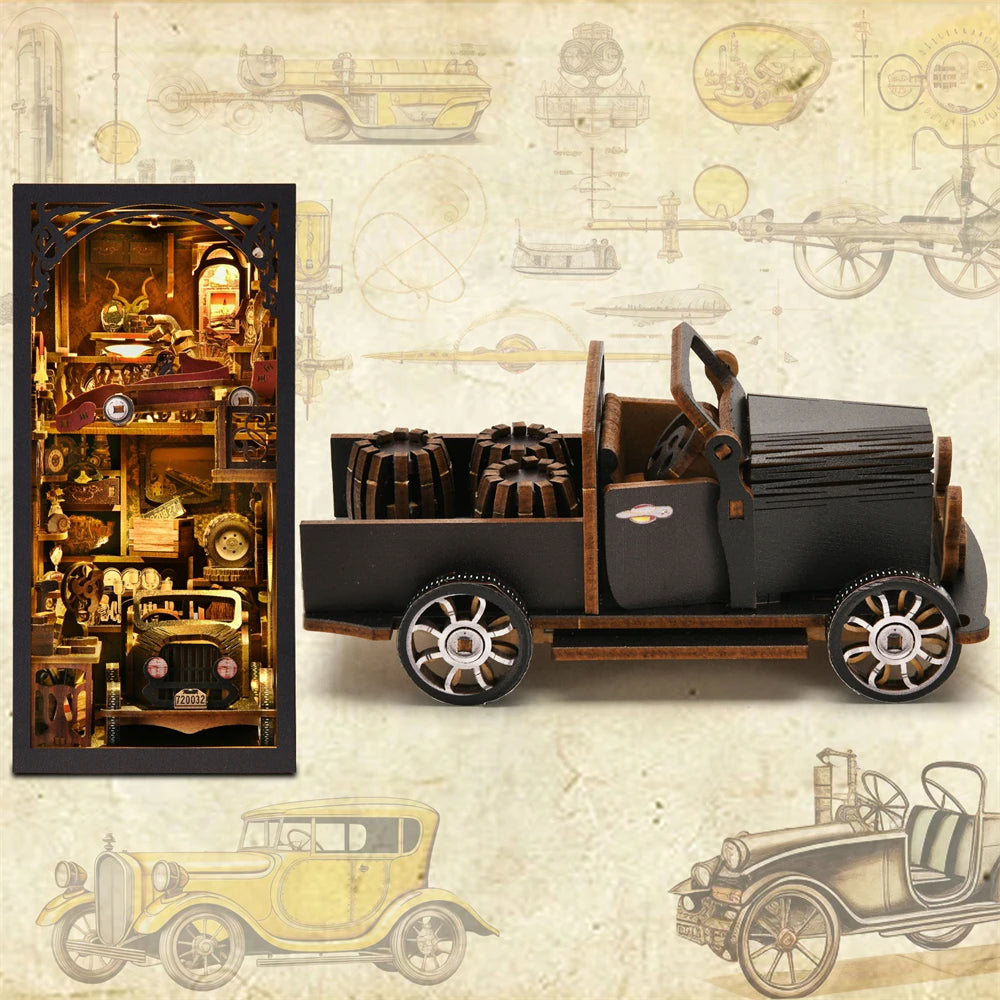 Book Nook Kit Classic Car F1 DIY Wooden Puzzle Bookshelf Insert Decor Dollhouse Model Bookend Building Home Decoration Gifts