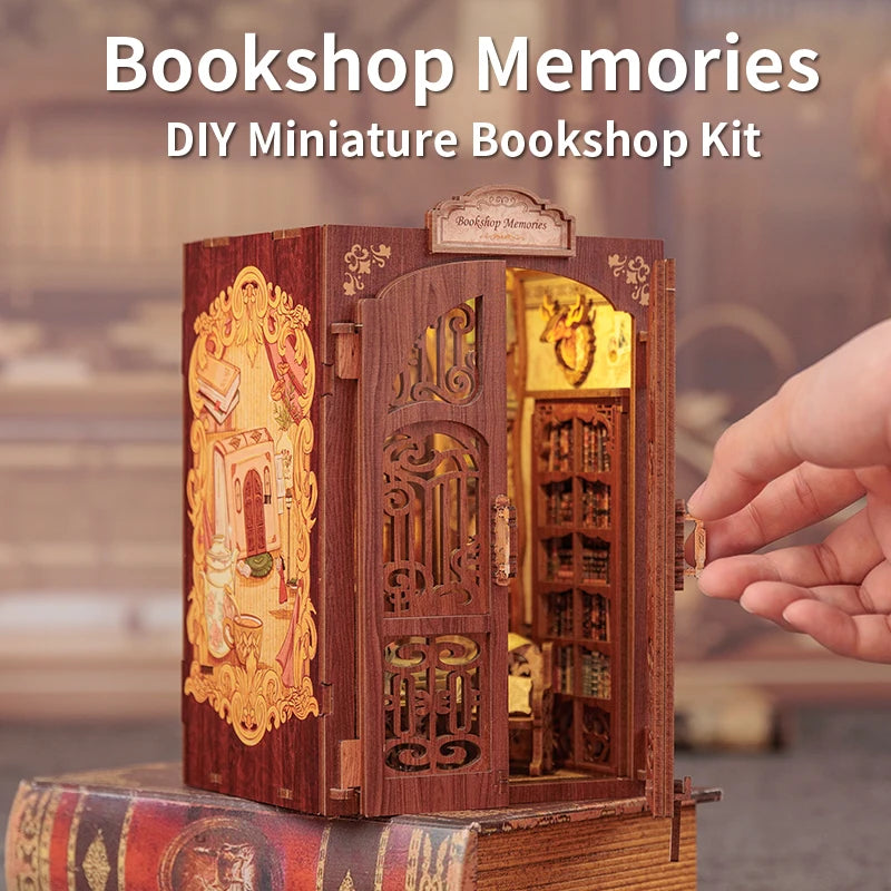 CUTEBEE Bookstore Book Nook DIY Miniature Wooden Dollhouse with Light Bookshelf Insert Kit Puzzle Assembly Model for Decor Gift