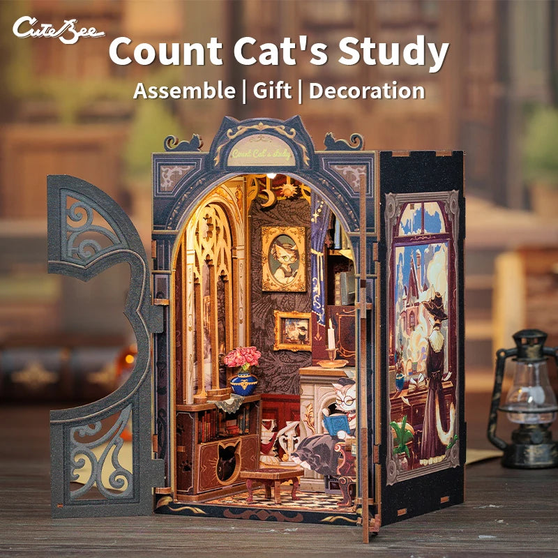 CUTEBEE Bookstore Book Nook DIY Miniature Wooden Dollhouse with Light Bookshelf Insert Kit Puzzle Assembly Model for Decor Gift