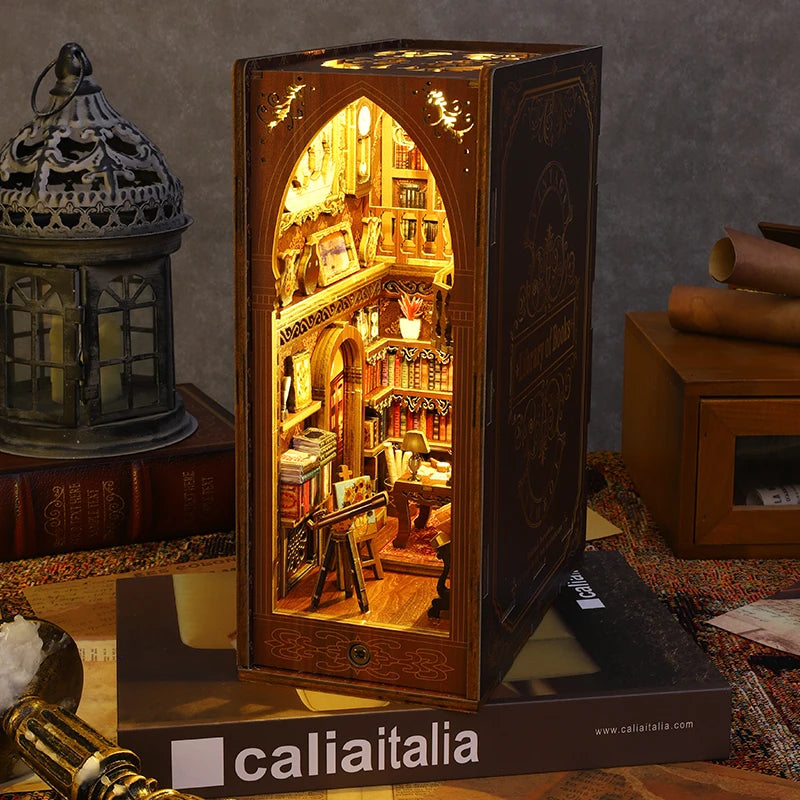 DIY Book Nook Kit Miniature Doll House With LED Light 3D Puzzle Model Building Wooden Bookshelf Bookend Toy Adults Birthday Gift